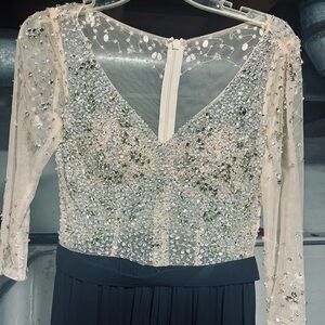 Embellished V-Neck Evening Dress in Nude and Black